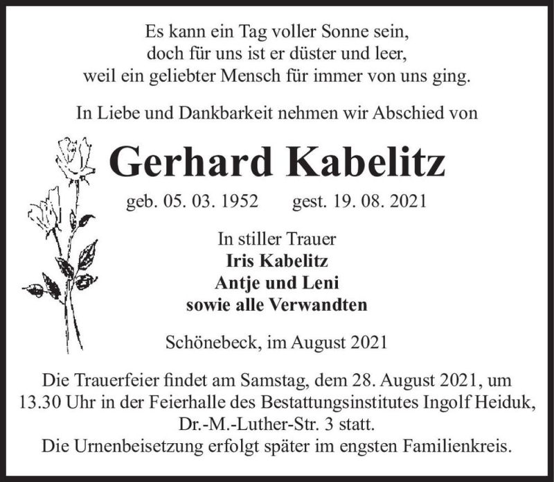  Traueranzeige für Gerhard Kabelitz  vom 25.08.2021 aus Magdeburger Volksstimme