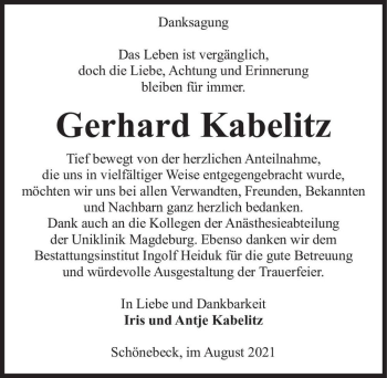 Traueranzeige von Gerhard Kabelitz  von Magdeburger Volksstimme
