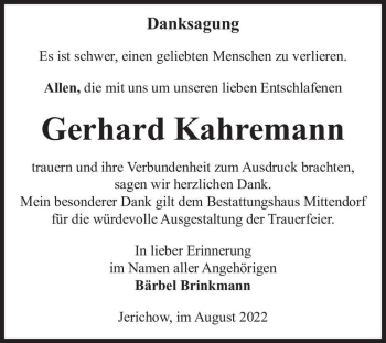 Traueranzeige von Gerhard Kahremann  von Magdeburger Volksstimme