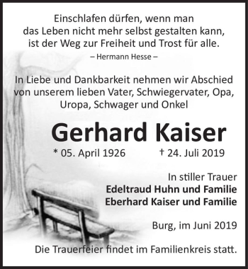 Traueranzeige von Gerhard Kaiser  von Magdeburger Volksstimme