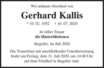 Traueranzeige von Gerhard Kallis  von Magdeburger Volksstimme