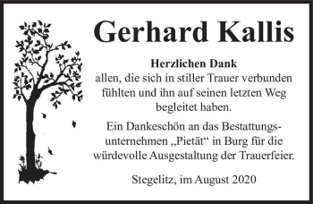 Traueranzeige von Gerhard Kallis  von Magdeburger Volksstimme