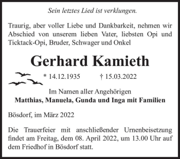 Traueranzeige von Gerhard Kamieth  von Magdeburger Volksstimme