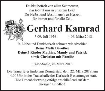 Traueranzeige von Gerhard Kamrad  von Magdeburger Volksstimme