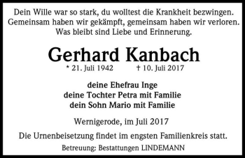Traueranzeige von Gerhard Kanbach  von Magdeburger Volksstimme