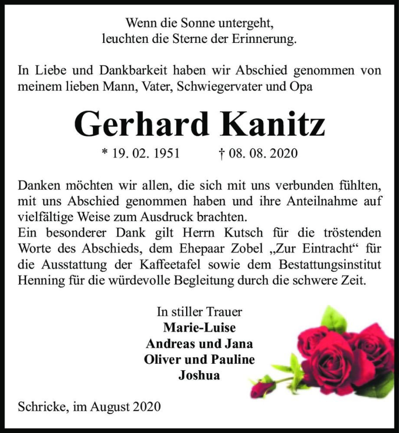  Traueranzeige für Gerhard Kanitz  vom 29.08.2020 aus Magdeburger Volksstimme