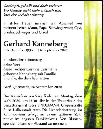 Traueranzeige von Gerhard Kanneberg  von Magdeburger Volksstimme