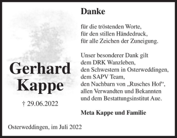 Traueranzeige von Gerhard Kappe  von Magdeburger Volksstimme