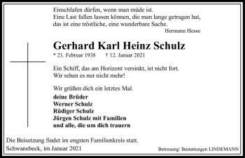 Traueranzeige von Gerhard Karl Heinz Schulz  von Magdeburger Volksstimme
