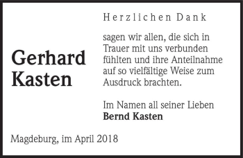 Traueranzeige von Gerhard Kasten  von Magdeburger Volksstimme