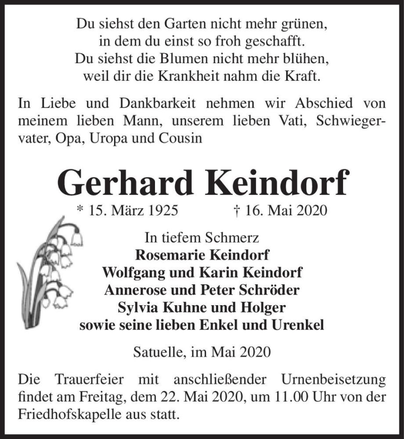  Traueranzeige für Gerhard Keindorf  vom 19.05.2020 aus Magdeburger Volksstimme