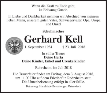 Traueranzeige von Gerhard Kell  von Magdeburger Volksstimme