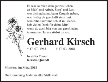 Traueranzeige von Gerhard Kirsch  von Magdeburger Volksstimme