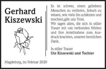 Traueranzeige von Gerhard Kiszewski  von Magdeburger Volksstimme