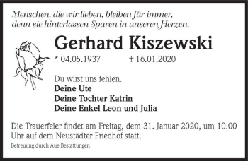 Traueranzeige von Gerhard Kiszewski  von Magdeburger Volksstimme