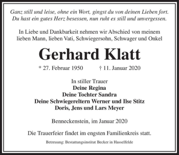 Traueranzeige von Gerhard Klatt  von Magdeburger Volksstimme