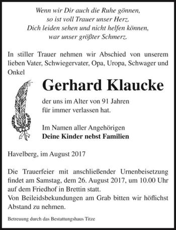 Traueranzeige von Gerhard Klaucke  von Magdeburger Volksstimme