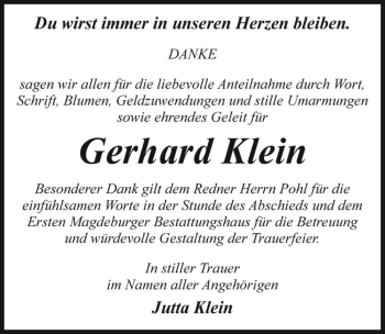 Traueranzeige von Gerhard Klein  von Magdeburger Volksstimme