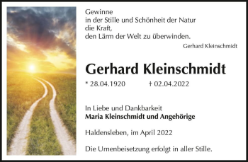 Traueranzeige von Gerhard Kleinschmidt  von Magdeburger Volksstimme