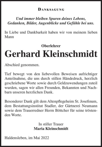 Traueranzeige von Gerhard Kleinschmidt  von Magdeburger Volksstimme