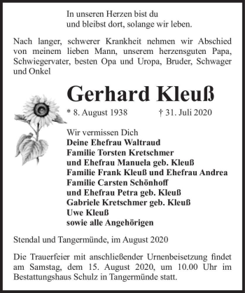 Traueranzeige von Gerhard Kleuß  von Magdeburger Volksstimme