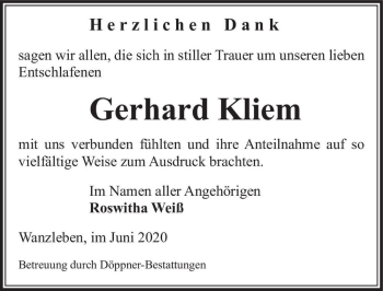 Traueranzeige von Gerhard Kliem  von Magdeburger Volksstimme