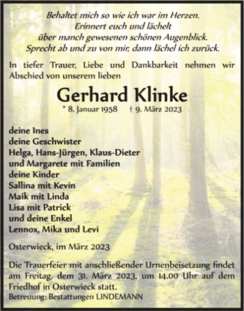 Traueranzeige von Gerhard Klinke  von Magdeburger Volksstimme