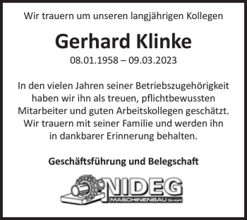Traueranzeige von Gerhard Klinke  von Magdeburger Volksstimme