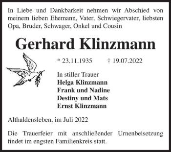 Traueranzeige von Gerhard Klinzmann  von Magdeburger Volksstimme
