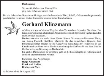 Traueranzeige von Gerhard Klinzmann  von Magdeburger Volksstimme