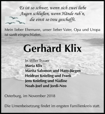 Traueranzeige von Gerhard Klix  von Magdeburger Volksstimme