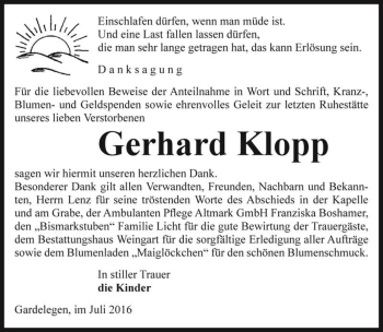 Traueranzeige von Gerhard Klopp  von Magdeburger Volksstimme