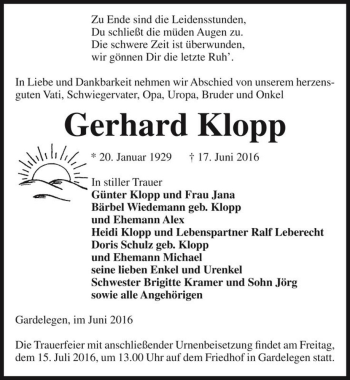 Traueranzeige von Gerhard Klopp  von Magdeburger Volksstimme