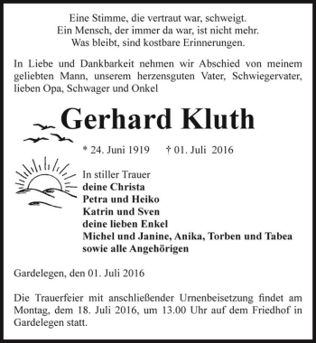 Traueranzeige von Gerhard Kluth  von Magdeburger Volksstimme