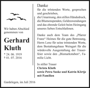 Traueranzeige von Gerhard Kluth  von Magdeburger Volksstimme