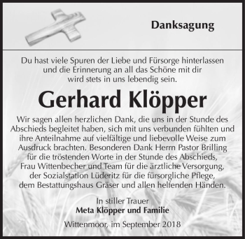 Traueranzeige von Gerhard Klöpper  von Magdeburger Volksstimme