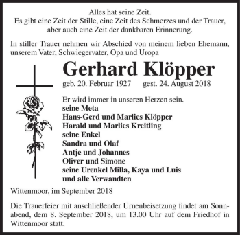 Traueranzeige von Gerhard Klöpper  von Magdeburger Volksstimme