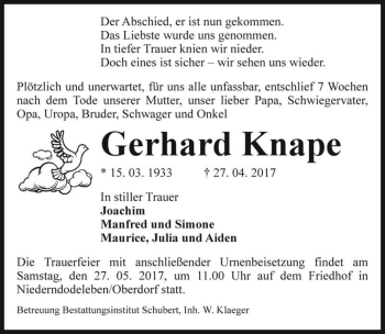 Traueranzeige von Gerhard Knape  von Magdeburger Volksstimme
