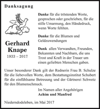 Traueranzeige von Gerhard Knape  von Magdeburger Volksstimme