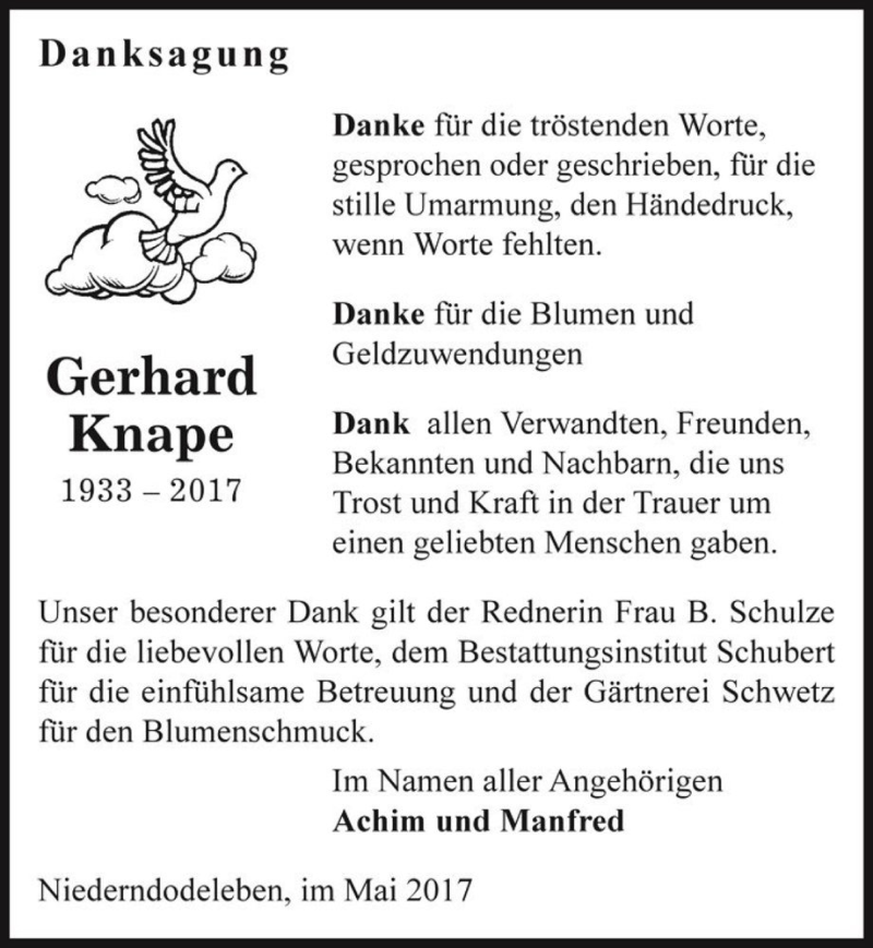  Traueranzeige für Gerhard Knape  vom 03.06.2017 aus Magdeburger Volksstimme