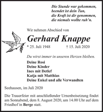 Traueranzeige von Gerhard Knappe  von Magdeburger Volksstimme