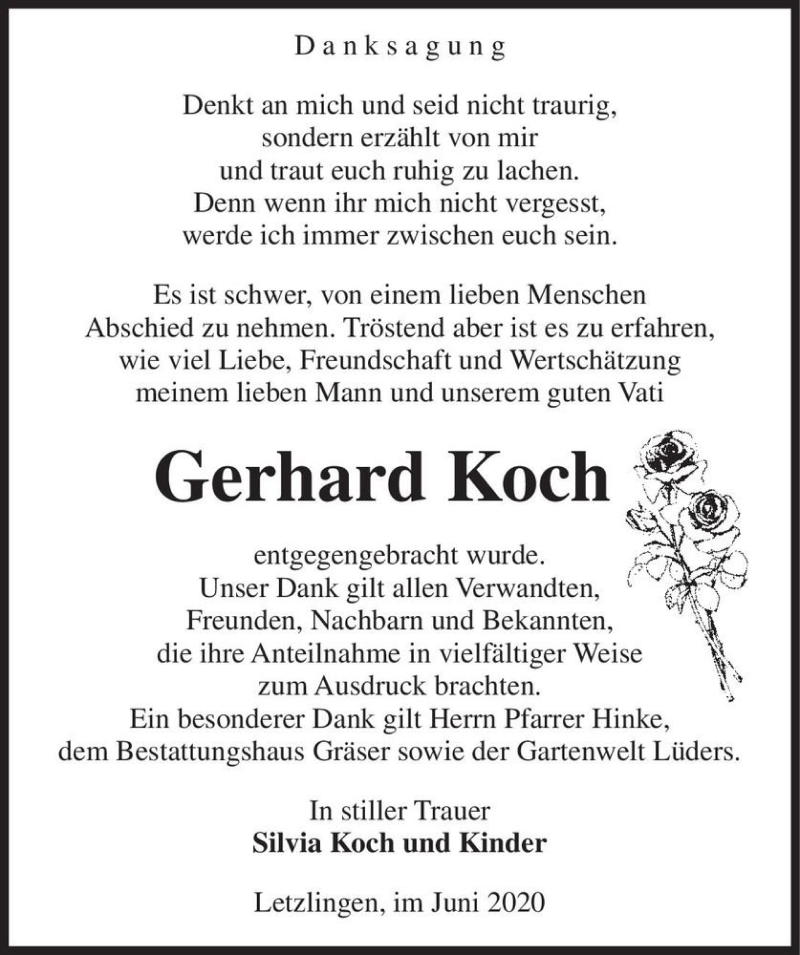  Traueranzeige für Gerhard Koch  vom 09.06.2020 aus Magdeburger Volksstimme