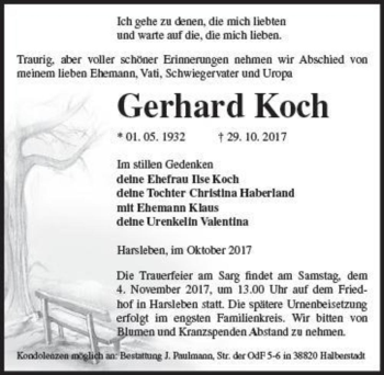 Traueranzeige von Gerhard Koch  von Magdeburger Volksstimme