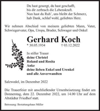 Traueranzeige von Gerhard Koch  von Magdeburger Volksstimme
