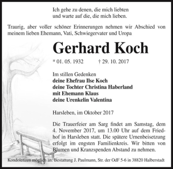 Traueranzeige von Gerhard Koch  von Magdeburger Volksstimme
