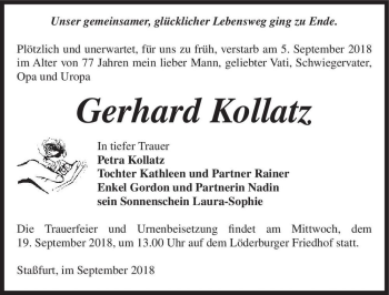 Traueranzeige von Gerhard Kollatz  von Magdeburger Volksstimme