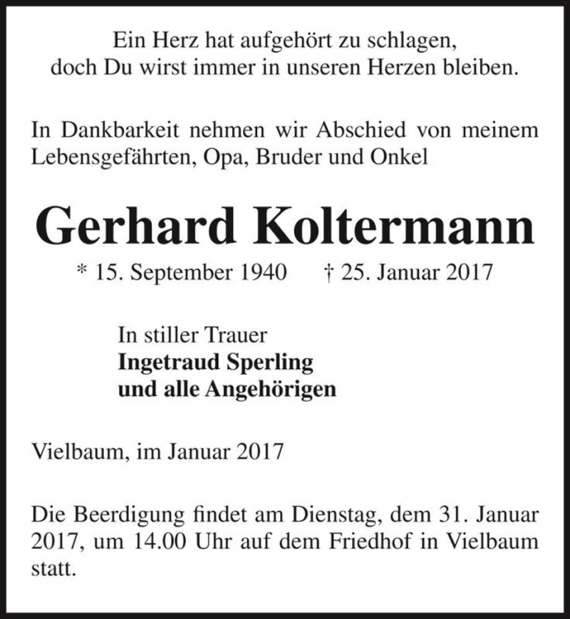  Traueranzeige für Gerhard Koltermann  vom 27.01.2017 aus Magdeburger Volksstimme