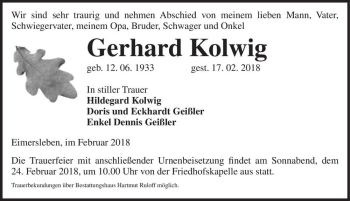 Traueranzeige von Gerhard Kolwig  von Magdeburger Volksstimme