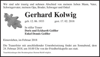 Traueranzeige von Gerhard Kolwig  von Magdeburger Volksstimme