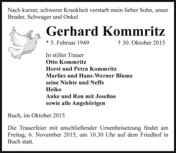 Traueranzeige von Gerhard Kommritz  von Magdeburger Volksstimme